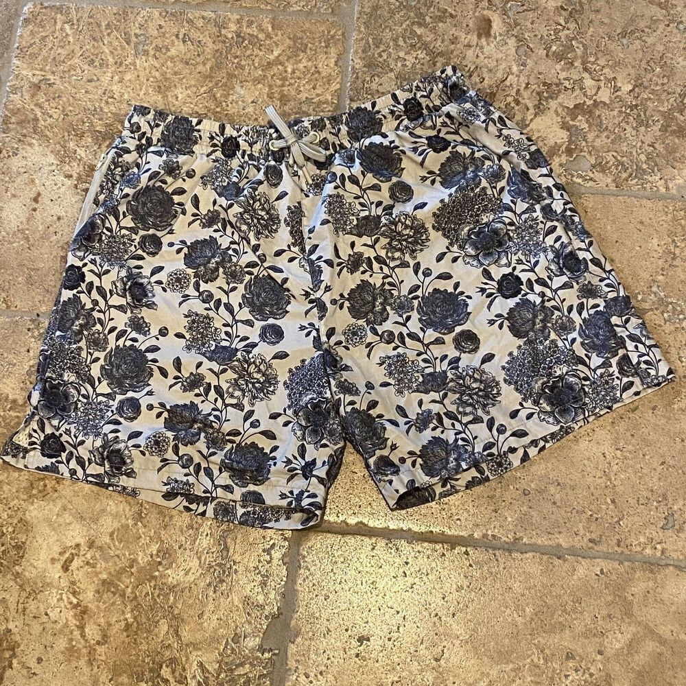 MAISON ARTICLE Men Navy & Beige Floral Print Shorts Size XL-Flawed